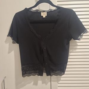 Black Lace Trimmed Cropped Cardigan